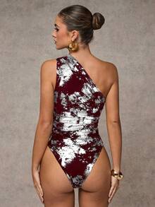 SHEIN BAE Women's Fashionable Casual Vacation Style All-Over Print Bodysuit,Bodysuits For Women - Burgundy - View 2