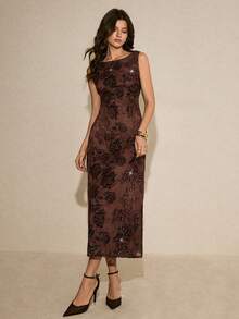 Poéselle 女士优雅派对纯色提花露背无袖连衣裙 - 咖啡棕 - 查看 7