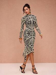 JIAN LASALA 全身印花网纱高领长袖修身中长连衣裙，不对称下摆，图案设计，优雅迷人，适合派对、婚礼等场合，尽显女王风范。 - 彩色 - 查看 4