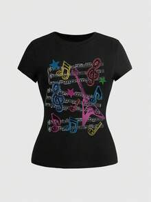 ROMWE Grunge Punk Plus Size Women's Y2K Fashion Street Punk Music Note & Stave Hand-Drawn Design Fitted Black T-Shirt, Summer - Black - View 1