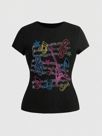 Grunge Punk Maglietta aderente nera da donna taglia comoda, con note musicali e pentagramma disegnati a mano, stile Y2K e punk di strada, per l'estate