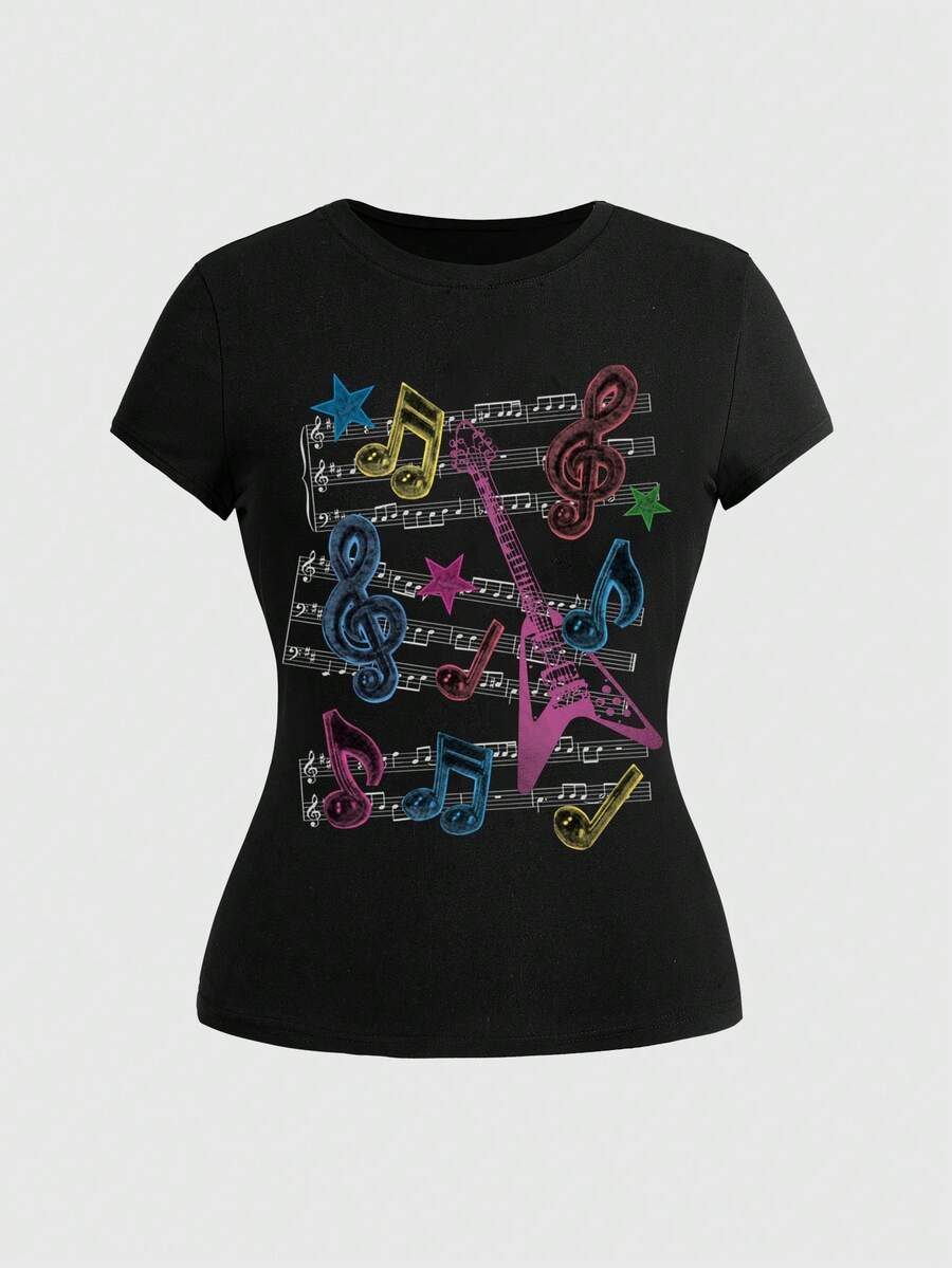 ROMWE Grunge Punk Plus Size Women's Y2K Fashion Street Punk Music Note & Stave Hand-Drawn Design Fitted Black T-Shirt, Summer - Black - View 1
