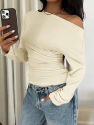 Siren Gaze Casual Solid Color Asymmetric Neck Ruched T-Shirt Winter