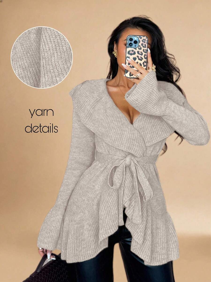 Islaluna 女士简约优雅法式浪漫系带开衫 - 杏色 - 查看 1