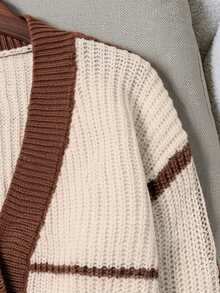 Franclia Cárdigan tipo abrigo con mangas de farol y ribete contrastante, Top de manga larga - Multicolor - Ver 4