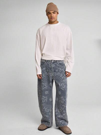 Musero Baggy Barrel Leg Jeans All Over Print Trouser Button Fastening Belt Loop Detailing Denim Trouser Set Bottoms Only SPRING SUMMER