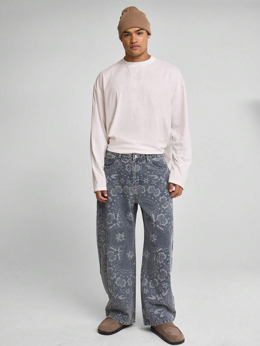 Musero Baggy Barrel Leg Jeans All Over Print Trouser Button Fastening Belt Loop Detailing Denim Trouser Set Bottoms Only SPRING SUMMER - Light Wash - View 1