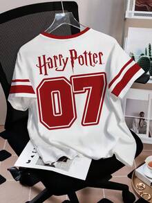 HARRY POTTER X SHEIN 女式休闲宽松落肩T恤，徽章和数字印花，夏季 - 白色 - 查看 2