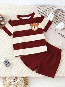 SHEIN Playful Pals 2pcs/Set Baby Boy Cute Bear & Striped Print Round Neck Short Sleeve T-Shirt With Navy Blue Shorts Set, Suitable For Outings In Summer - Multicolor - View 3