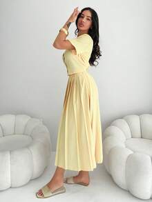 Shopreo 2件套女士夏季黄色优雅开衫短袖套装 - 黃色 - 查看 6