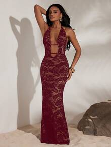 Opulessa Vacation Solid Color Knit Lace Halter Deep V-Neck Cold Shoulder Dress For Women,Party Dresses Date Night Red Wine Plunge - Red - View 7