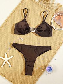 Swim SXY Women's Solid Color Metallic Fabric Spaghetti Strap Clasp Decor Casual Sexy Beach Bikini Swimwear Set, Spring/Summer - Brown - View 4