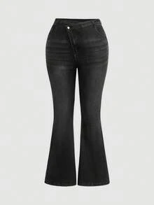 SHEIN CURVE+ Jeans casual versatili da donna taglie forti con vita asimmetrica e tasche - nero - Visualizzare 3