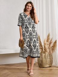 Miaspire Vacation Casual Plant Print Notched Neck Mid-Length Dress