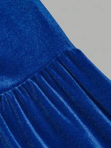 EMERY ROSE Plus Size Women Velvet A-Line Waist Cinched Long Sleeve Dress, Fashionable For Christmas Party, Celebration - Royal Blue - View 5
