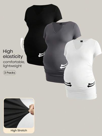 Modmama 3pcs Spring Women, Casual , Fall ,Autumn , Maternity Pregnant Women's Solid Color V-Neck Short Sleeve Casual Ruched T-Shirt