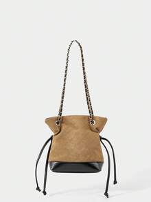 SHECARRY Retro Color Block Suede Handbag, Autumn/Winter Fashion Quilted Chain Shoulder Bag, Commuter Crossbody Hobo Bucket Bag - Khaki - View 3