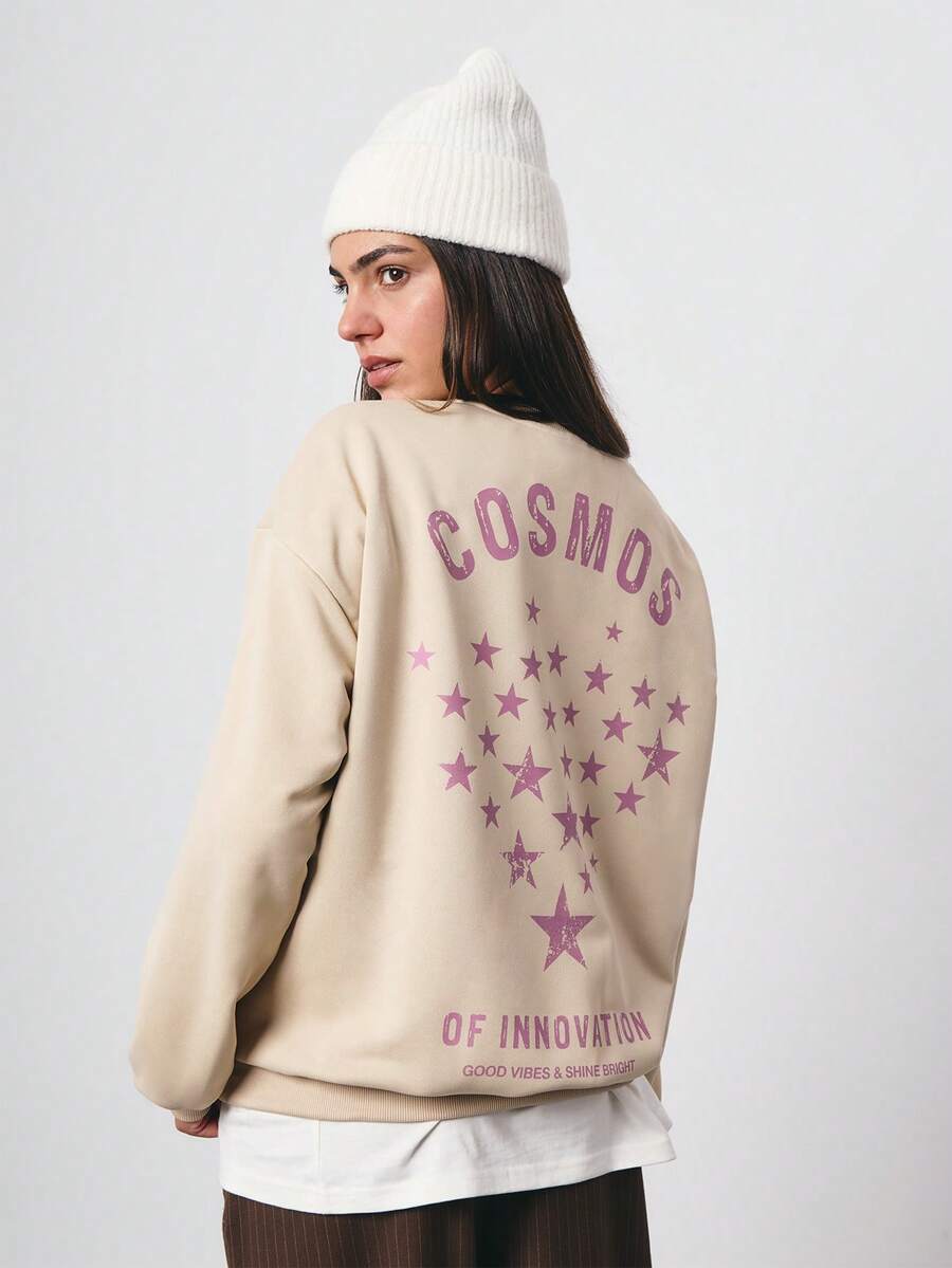 SURIMA Casual Women's Apricot Knitted Long Sleeve Pullover Sweatshirt With Letter Pattern And Regular Length - Apricot - View 1