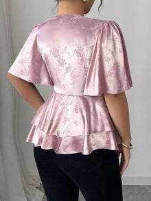 Elenzga 大码优雅交叉提花纹理面料荷叶袖修身衬衫，通勤、聚会、婚礼、派对等场合皆宜 - 粉色 - 查看 2