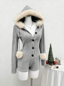 Celisse 女士优雅编织提花连帽领拼接半开襟连体裤