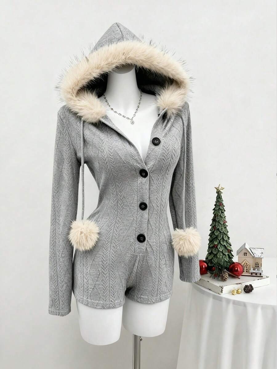 Celisse 女士优雅编织提花连帽领拼接半开襟连体裤