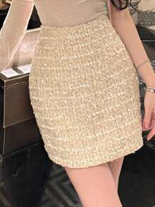 DAZY Chân váy mini ôm sát thanh lịch đính sequin dành cho nữ, thích hợp cho mùa Thu/Đông, Tết Nguyên Đán và Lễ hội Carnival. - Màu be - Xem 4