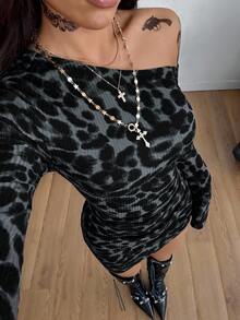 Coolane Women's Winter New Year Eve Date Night Concert Outfit Y2K Party Rib Knit Graphics Leopard Ruched Asymmetrical Neck Slim Fit Mini Dress For Elegant - Blue - View 5