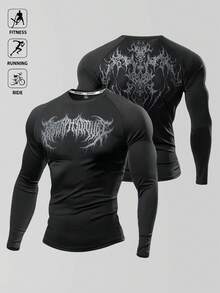 Manfinity Sport Polished Men's Gothic Print Round Neck Raglan Sleeve Slim Fit Athletic T-Shirt Men Compression Tops Compression Long Sleeve - Black - View 1