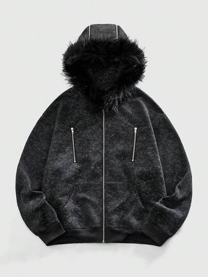 Street Life Felpa con cappuccio casual da uomo con colletto in pelliccia, autunno/inverno