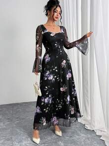 Modelyn 大码女式碎花甜心领喇叭袖优雅连衣裙 - 黑色 - 查看 5