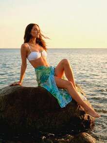 CAJUNI Tropical Print Cover-Up & Skirt Set For Beach Vacation - Multicolor - View 5