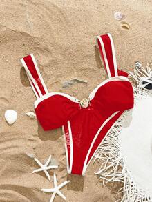Swim SXY 2pcs/Set Solid Color High Cut Bikini Set, Fashion Hot Selling Summer Beach Vacation Swimsuit - Red - View 5