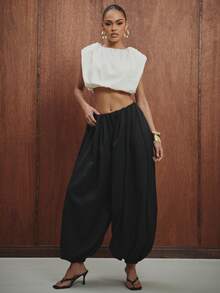 Hauture Women's Solid Color Pleated Casual Versatile Wide Leg Harem Pants - Black - View 6