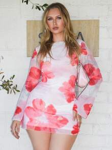 Arliah Women's Floral Open Back Mesh Mini Dress,Trumpet Sleeve Valentine's Day Dress,Positioning Flower Dress,Low-Back Mini Dress,Holiday Dresses, Beach Vacation Large Floral Print Dresses ,Mesh Sleeve Mini Dress,Commuting, Elegant, Sexy, Vacation, Beach, Hawaii, Romance, Dating, Party, Concert, Performance Costume, Wedding Season, Back To School Season, Valentine's Day,Summer Dresses Spring Clothes - Multicolor - View 1