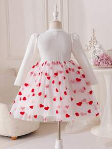 Glamorique Kids Young Girls' Spring/Summer New White Ribbed Splice Red Heart Flocked White Mesh Elegant Design Party Puff Sleeve Stand Collar Dress - White - View 2