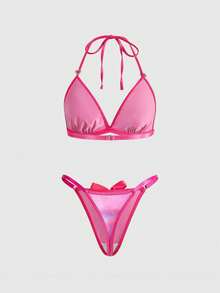 ROMWE Kawaii 金属心形扣蝴蝶结吊带文胸和丁字裤内衣套装，性感，情人节礼物