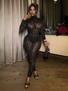 Slaydiva 新款春夏款式，性感优雅的黑色修身豹纹网纱透视长袖连体衣，适合度假、新年、约会、情人节、派对、聚会、夜店、夜总会、购物之旅、嘉年华、音乐节等场合。 - 黑色 - 查看 7