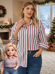 EMERY ROSE Plus Size Women Striped Drop Shoulder Long Sleeve Single-Breasted Casual Stripe Shirt Christmas New Year - Multicolor - View 7