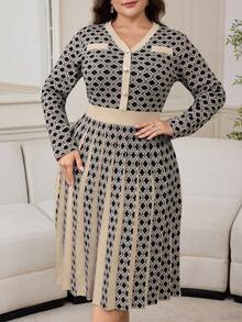 Modelyn 大码优雅菱格纹针织连衣裙，秋冬款 - 黑色 - 查看 6