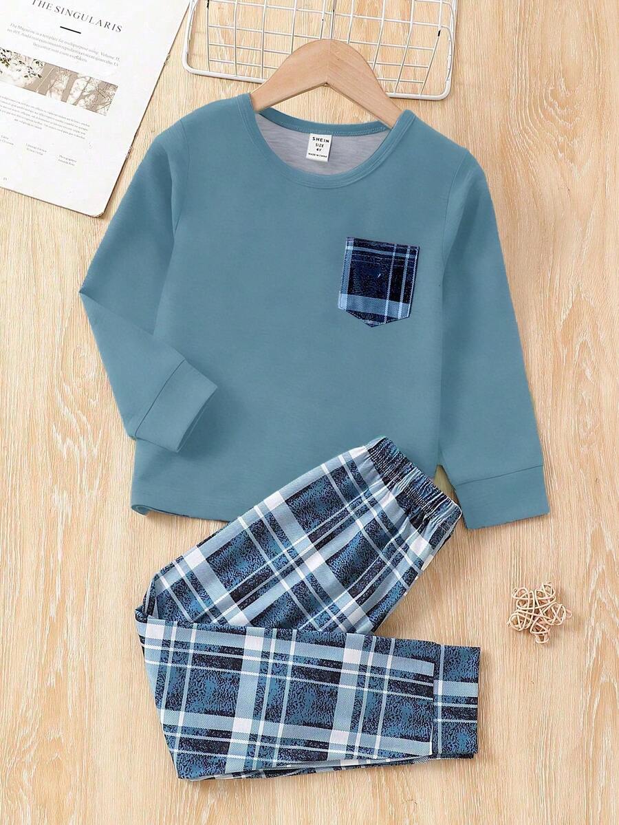 SHEIN Vintaside Kids 两件套男童休闲格子宽松长袖套装，适合度假、休闲、旅行、放松、日光浴、夏季穿着 - 藍色 - 查看 1