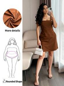 Elenzga Plus Size Solid Color Square Neck Sleeveless Pocket Loose Casual Dress - Brown - View 1