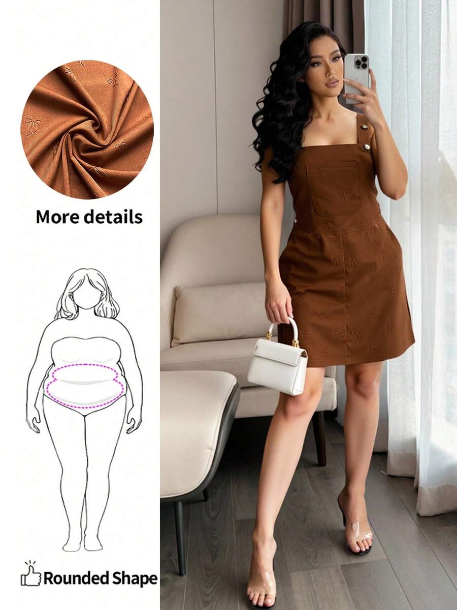 Elenzga Plus Size Solid Color Square Neck Sleeveless Pocket Loose Casual Dress - Brown - View 1