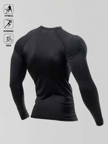 Acti Log 1 件男士休闲运动印花长袖 T 恤男士压缩衬衫氨纶衬衫压缩长袖男士压缩上衣 - 黑色 - 查看 2