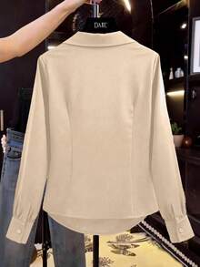 Franclia Women's Shiny Side Ruched Ruffle Collar Blouse, Casual Chic, Minimalist Elegant Style, Suitable For Work Commute - Apricot - View 2