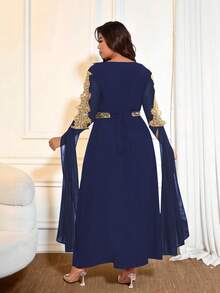 Cravure Plus Size Women's Style Patchwork Extra Long Sleeve Robe, Women's Solid Lace Trim Robe Gown - Navy Blue - View 2