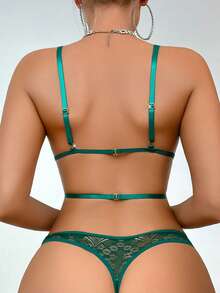 SHEIN 2pcs/Set Women Lace Sexy Lingerie Set (Wireless Sexy Bra + Thong) - Dark Green - View 2