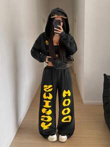 StreetHx 2000s Style Women Casual Streetwear Distressed Pattern Loose Fit Sweatshirt 2 Pieces Set - Black - View 1