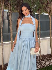 Maca Silvats 女士优雅派对纯色露肩连衣裙 - 藍色 - 查看 6