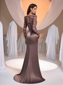 Aureia 优雅奢华法式撞色蕾丝圆领长袖褶皱腰身鱼尾裙摆正式晚礼服，商务正装，宾客礼服，正式礼服，情人节礼服 - 藕粉色 - 查看 2