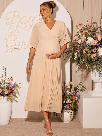 Loomaby Pregnant Women's Solid Color V-Neck Batwing Short Sleeve Pleated Hem Elegant Dress,Gender Reveal Dress,Maternity Dress, Baby Shower Dress Pleated Maternity Dress  ,Maternity Clothes Beige Maternity Dress Babyshower Dress Maternity Pregnancy Dress For Photoshoot Bump Friendly Dress Nursing Dresses